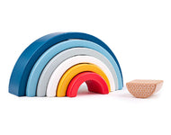 Houten speelgoed regenboog, bestaat uit zeven losse onderdelen. Stimuleert de creativiteit en de fantasie